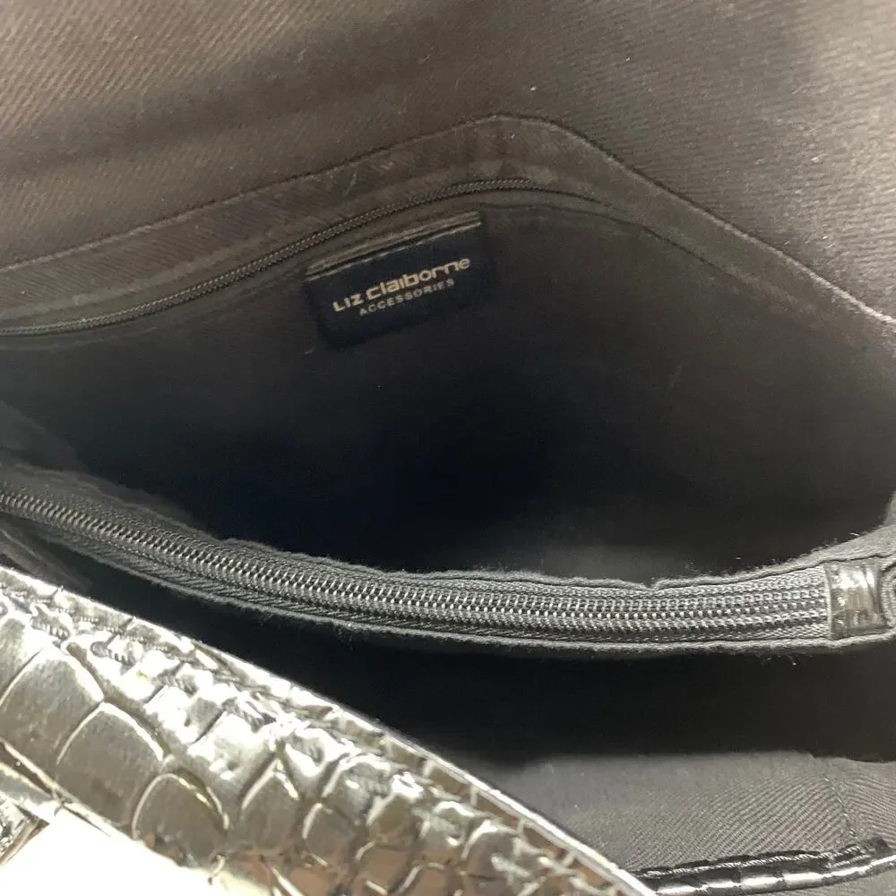 Liz Claiborne Black Faux Croc Embossed Shoulder Bag Buckle Flap Satchel Purse